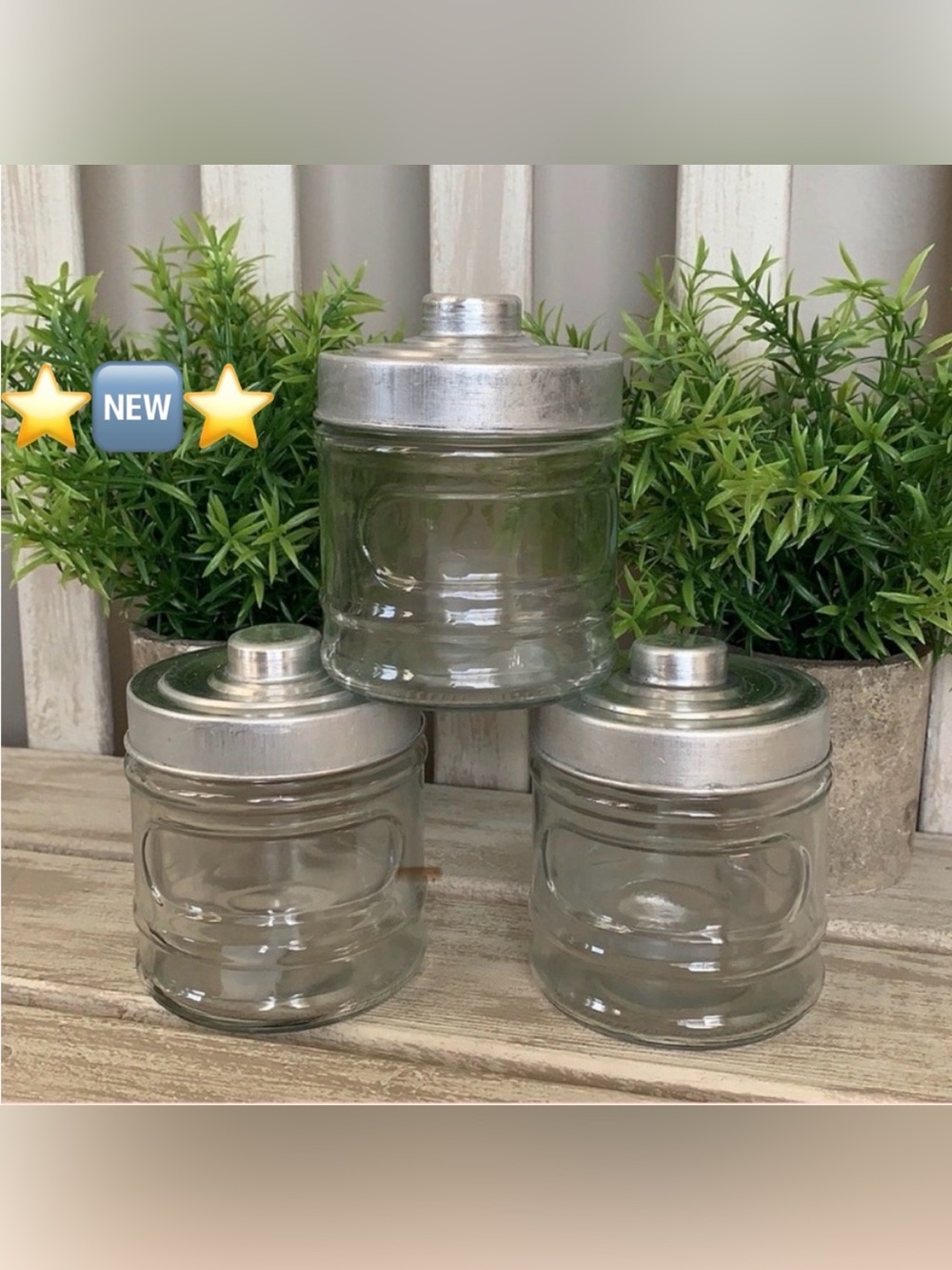 Rustic Farmhouse Apothecary Glass Jar W/Metal Lids 3pcs Set ~New~